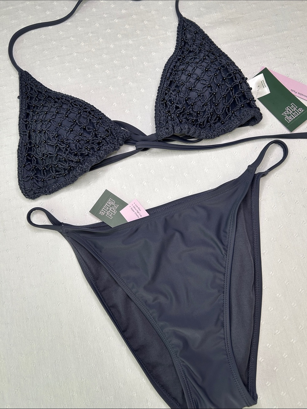 Beaded Navy Crochet Triangle Bikini cheeky Set
